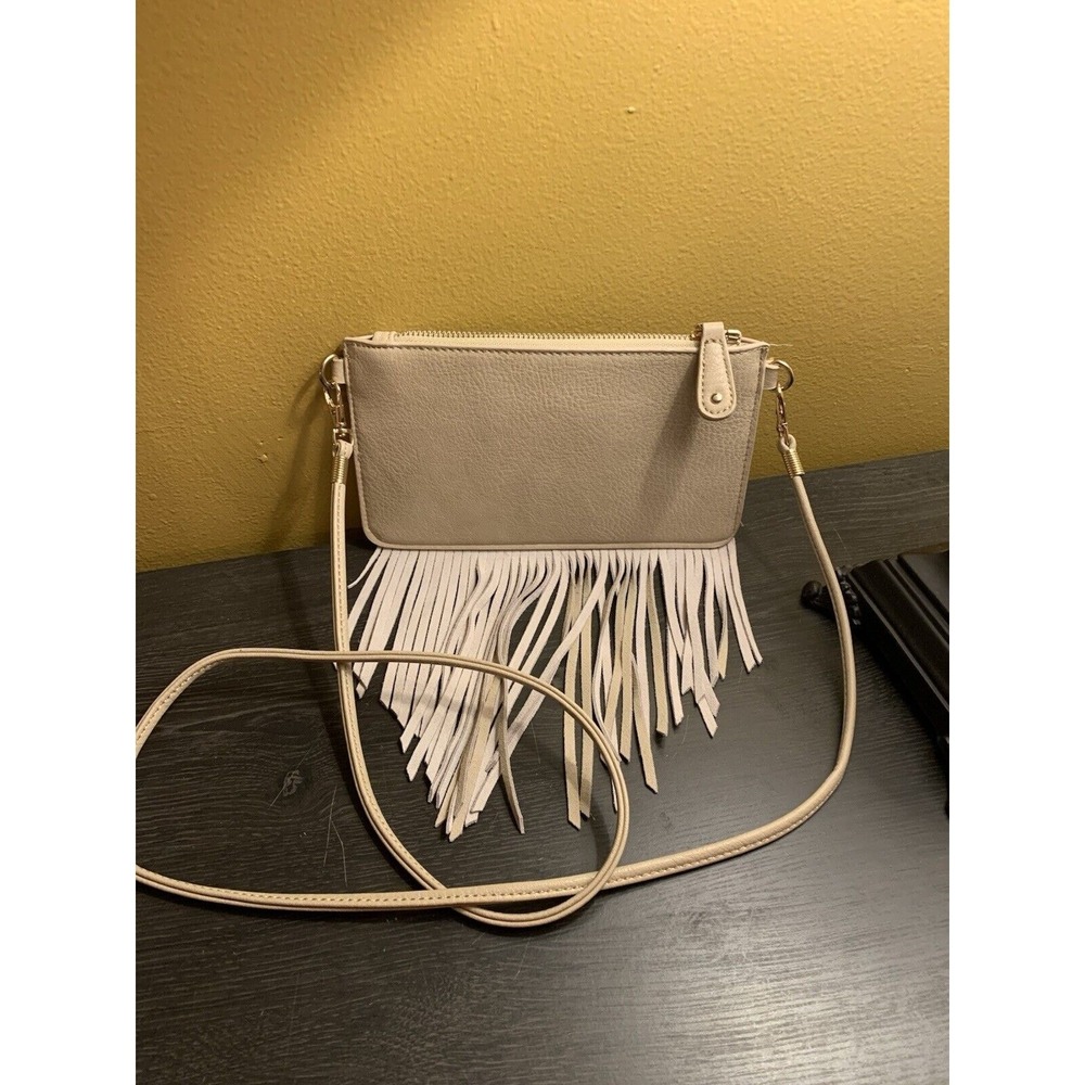 Street Level Leather Fringe Crossbody Purse Festival Beige Hippie Boho